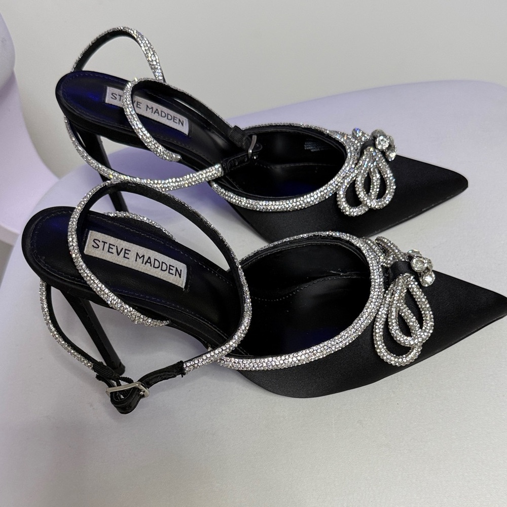 Steve Madden Black Satin Pointed Toe Crystal Bow Heels with Rhinestone Straps - Picture 2 of 9